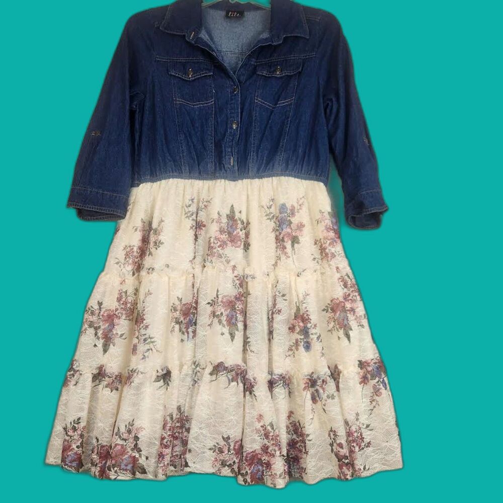 Lilt Women's Denim & Lace Western Style Dress Size M Colquette Cottage Kidcore